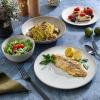 imageGibson Elite Sunveil 16 Piece Service for 4 Plates and Bowls Reactive Glaze Round Dishes Stoneware Ceramic Dinnerware Set BlueSand Cream