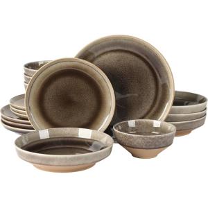 imageGibson Elite Sunveil 16 Piece Service for 4 Plates and Bowls Reactive Glaze Round Dishes Stoneware Ceramic Dinnerware Set BlueHailstone Black