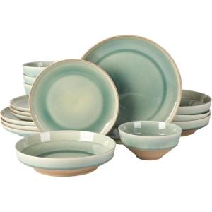 imageGibson Elite Sunveil 16 Piece Service for 4 Plates and Bowls Reactive Glaze Round Dishes Stoneware Ceramic Dinnerware Set BlueHailstone Moon Blue