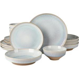 imageGibson Elite Sunveil 16 Piece Service for 4 Plates and Bowls Reactive Glaze Round Dishes Stoneware Ceramic Dinnerware Set BlueHailstone Tropical Green