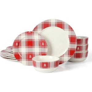 imageMartha Stewart Christmas Holiday Plates 16Piece Porcelain Chip and Scratch Resistant Dinnerware SetRedWhite Plaid