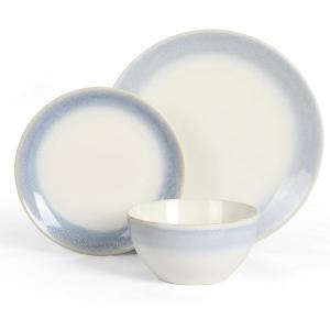 imageMartha Stewart Perry Street Stoneware Reactive Dinnerware Set  White wBlue Rim Service for 4 12pcs