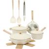 imageGibson Elite Folkstone 10 Inch Heavy Duty Cast Aluminum Fry Pan Cookware NonToxic Premium Ceramic Non Stick Frying Pan Kitchen Egg Pan Omelet Pan Linen White WWood Handle Induction SafeLinen White w Wood Handle