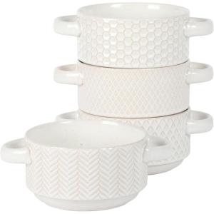 imageGibson Elite Oyster Tide Embossed 6 Inch Soup Bowls with Handles French Onion Soup Crocks Stackable Soup Bowl Chili Beef Stew Reactive Glaze Stackable Ceramic Bowl Set of 4 White