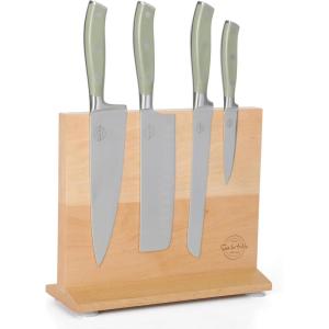 imageSur La Table Kitchen Essentials 5 Piece German Steel Blade With Triple Riveted Handle Set on Beechwood Magentic Block  Juniper GreenJuniper Green