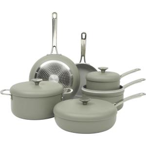 imageSur La Table Kitchen Essentials Potluck Porch 10 Piece PFA Free Ceramic Non stick Interior Forged Aluminum Cookware Pots and Pans Set WAluminum Lids  Green  Induction CompatibleGreen Potluck Porch Set