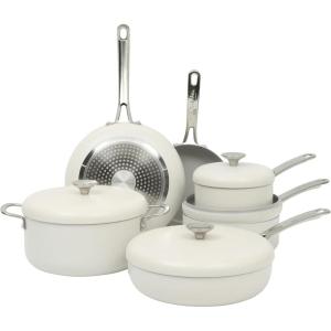imageSur La Table Kitchen Essentials Potluck Porch 10 Piece PFA Free Ceramic Non stick Interior Forged Aluminum Cookware Pots and Pans Set WAluminum Lids  Green  Induction CompatibleLinen White Potluck Porch Set