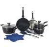 imageOster SmartHandle Advance 13Piece Nonstick Cookware Set  Matte Black Finish Induction Base Detachable Handles Forged Aluminum Oven ampamp Dishwasher Safe With Utensils ampamp Pan ProtectorsBlack  Blue Hawke