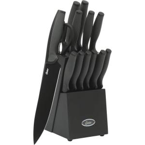 imageOster Baldwyn 5Piece Stainless Steel Knife Block Set with Wood Magnetic Stand  Countertop Display ampamp KnifeSafe StorageBlack Slicecraft 14pc