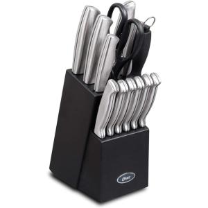 imageOster Baldwyn 5Piece Stainless Steel Knife Block Set with Wood Magnetic Stand  Countertop Display ampamp KnifeSafe StorageBrushed Satin Baldwyn 14pc