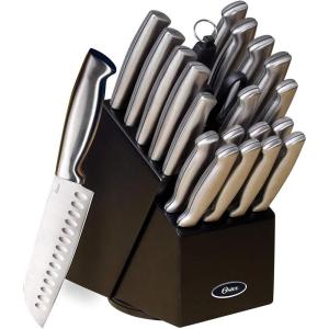 imageOster Baldwyn 5Piece Stainless Steel Knife Block Set with Wood Magnetic Stand  Countertop Display ampamp KnifeSafe StorageBrushed Satin Baldwyn 22pc