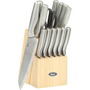 imageOster Baldwyn 5Piece Stainless Steel Knife Block Set with Wood Magnetic Stand  Countertop Display ampamp KnifeSafe StorageBrushed Satin Eckert 15pc