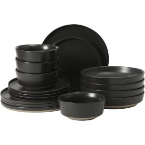imageGibson Elite Liberty Bay 16Piece Pottery Clay Stoneware Dinnerware Set  Blue Reactive Glaze Stackable Plates and Bowls WPasta Bowl Service for 4  Microwave ampamp Dishwasher SafeBlack Overbrook