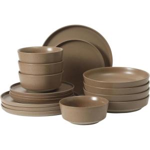 imageGibson Elite Liberty Bay 16Piece Pottery Clay Stoneware Dinnerware Set  Blue Reactive Glaze Stackable Plates and Bowls WPasta Bowl Service for 4  Microwave ampamp Dishwasher SafeTerracotta Brown Overbrook