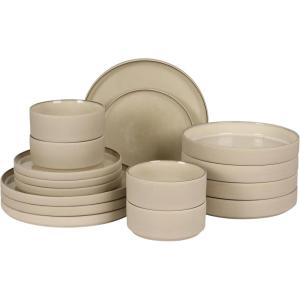 imageGibson Elite Liberty Bay 16Piece Pottery Clay Stoneware Dinnerware Set  Blue Reactive Glaze Stackable Plates and Bowls WPasta Bowl Service for 4  Microwave ampamp Dishwasher SafeTaupe Liberty Bay
