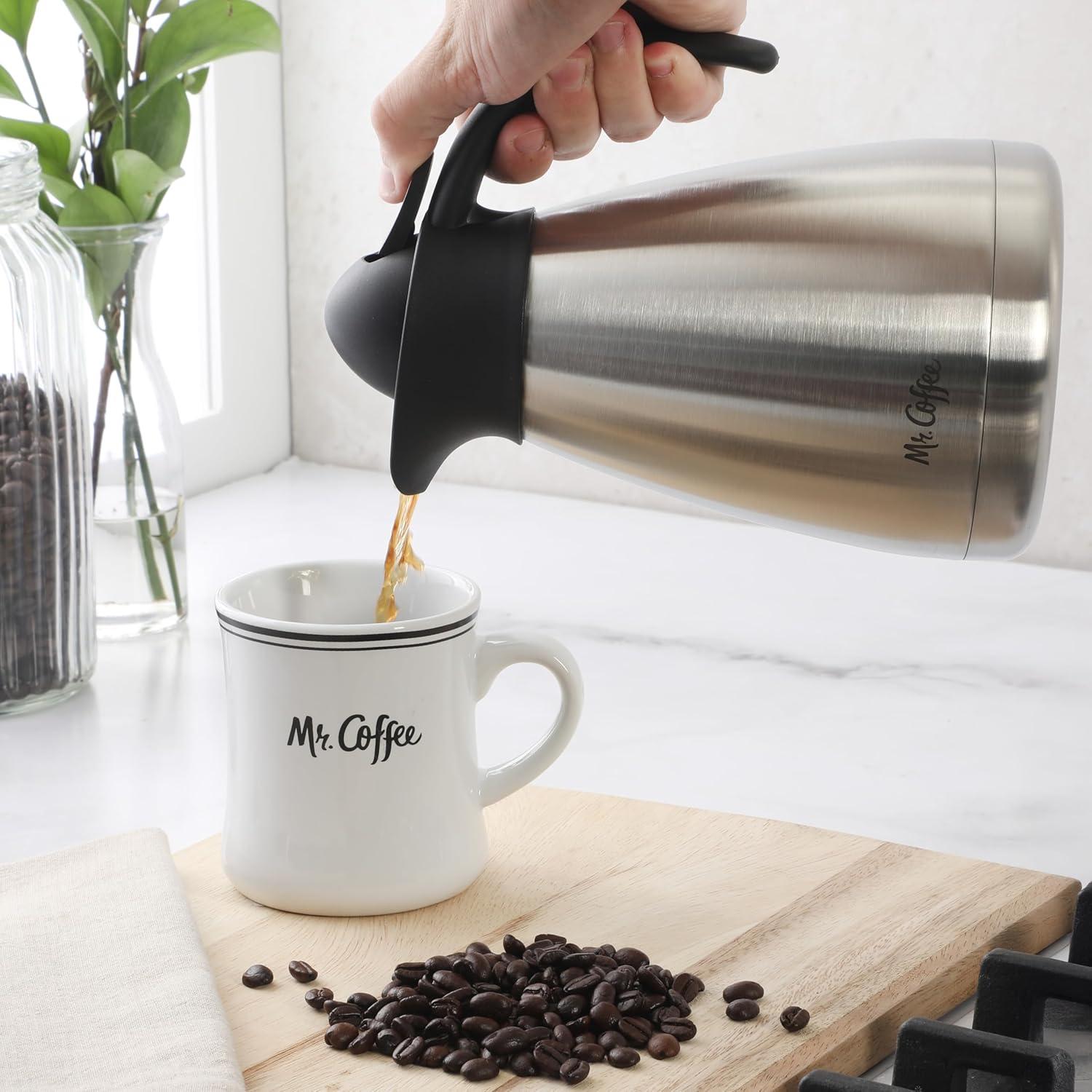 imageMr Coffee Olympia 34 OZ Thermal Coffee Carafe  Stainless Steel Double Wall Insulated Coffee Pot with Lid and Handle Keeps Drinks Hot or Cold