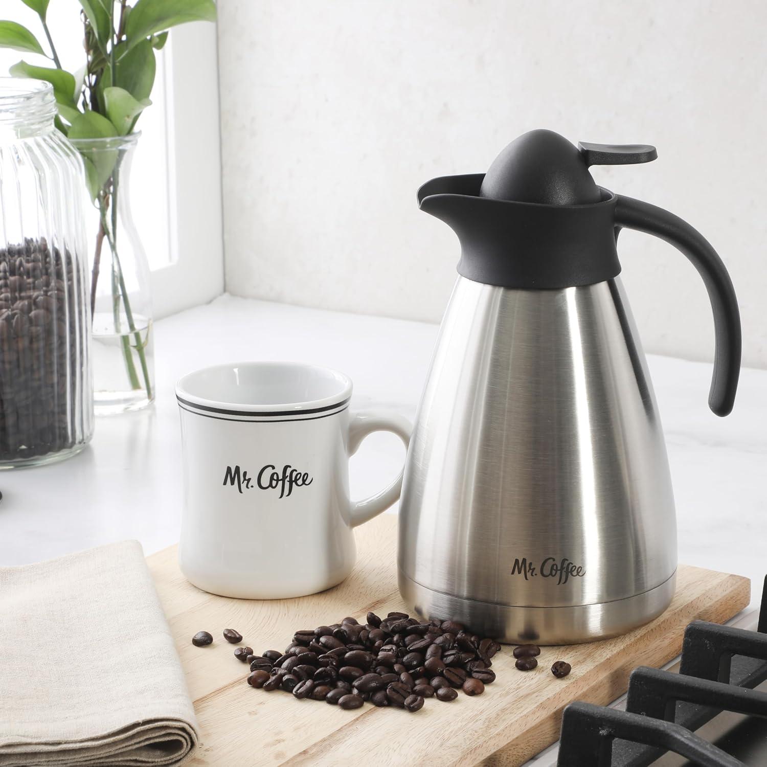 imageMr Coffee Olympia 34 OZ Thermal Coffee Carafe  Stainless Steel Double Wall Insulated Coffee Pot with Lid and Handle Keeps Drinks Hot or Cold