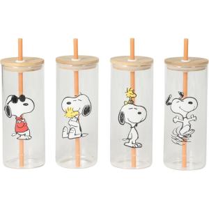 imagePeanuts Snoopy Happy Sips 4 Piece 23 OZ Tumbler Set with 4 Bamboo Lids and 4 Straws Set Iced Coffee Smoothie Water Cup  Dishwasher Safe23oz Happy Sips Tumblers