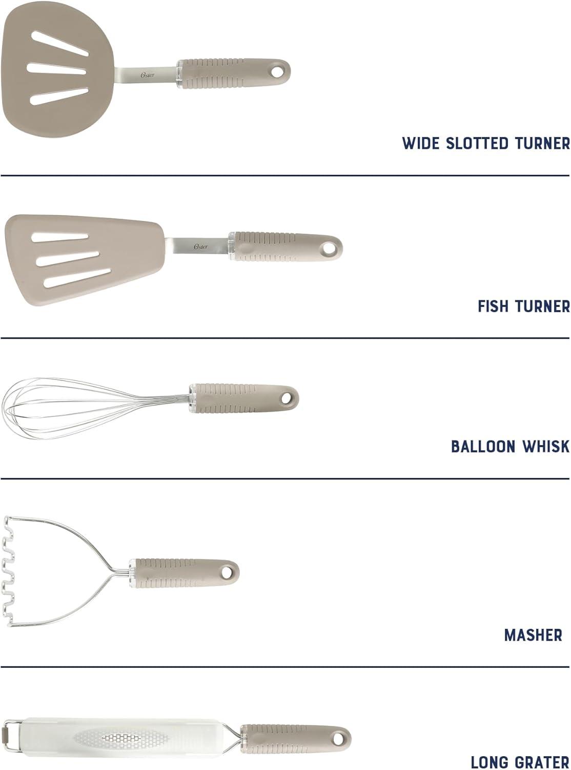 imageOster Newcrest 5Piece Kitchen Utensil Set  Champagne NonSlip Silicone Handles Includes Spatulas Whisk Masher ampamp Grater