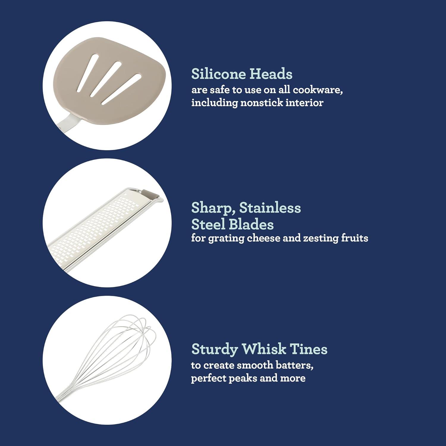 imageOster Newcrest 5Piece Kitchen Utensil Set  Champagne NonSlip Silicone Handles Includes Spatulas Whisk Masher ampamp Grater