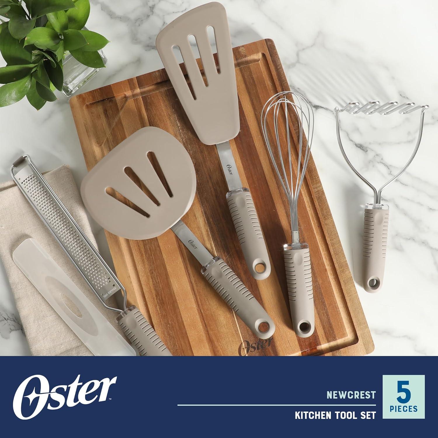 imageOster Newcrest 5Piece Kitchen Utensil Set  Champagne NonSlip Silicone Handles Includes Spatulas Whisk Masher ampamp Grater