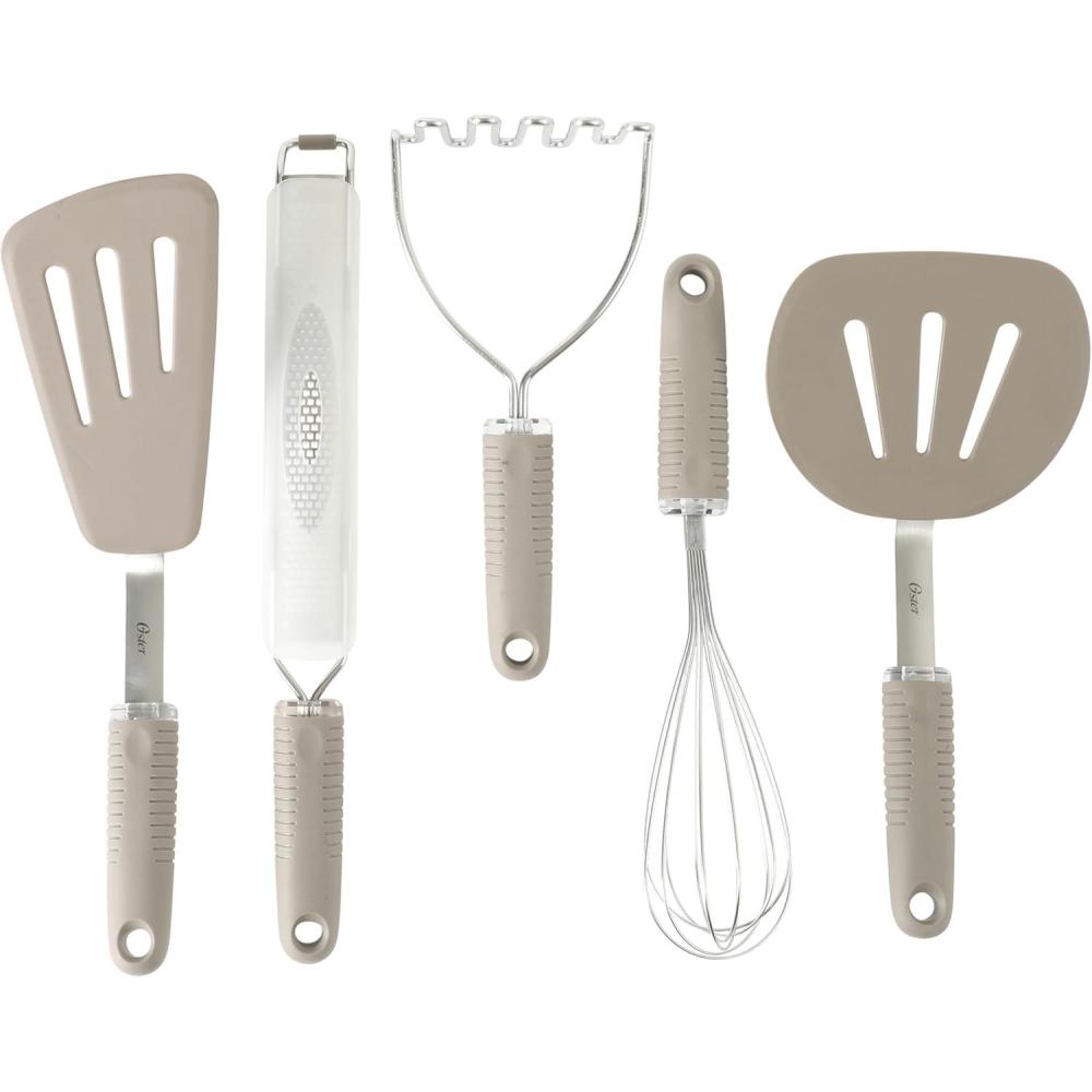 imageOster Newcrest 5Piece Kitchen Utensil Set  Champagne NonSlip Silicone Handles Includes Spatulas Whisk Masher ampamp Grater