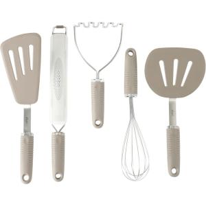 imageOster Newcrest 5Piece Kitchen Utensil Set  Champagne NonSlip Silicone Handles Includes Spatulas Whisk Masher ampamp Grater