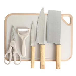 imageOster Huntingfield 6 Piece Knife Set  Olive Wood Stainless Steel Chef Knife Cleaver Pairing Knive Kitchen Shear Peeler and PP Cutting BoardOlive Wood 6pc