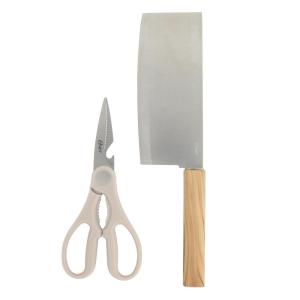 imageOster Huntingfield 6 Piece Knife Set  Olive Wood Stainless Steel Chef Knife Cleaver Pairing Knive Kitchen Shear Peeler and PP Cutting BoardOlive Wood 2pc CleaverShears