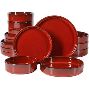 imageBloomhouse  Two Time Oprahs Favorite Things WInner  Santorini Mist 16 Piece Double Bowl Terracotta Dishes Reactive Glaze Plates and Bowls Dinnerware Set  Driftwood Brown  Service for 4Garnet Red