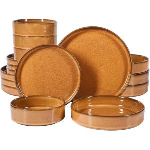 imageBloomhouse  Two Time Oprahs Favorite Things WInner  Santorini Mist 16 Piece Double Bowl Terracotta Dishes Reactive Glaze Plates and Bowls Dinnerware Set  Driftwood Brown  Service for 4Amber