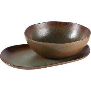 imageBloomhouse  Two Time Oprahs Favorite Things WInner  Santorini Mist 16 Piece Double Bowl Terracotta Dishes Reactive Glaze Plates and Bowls Dinnerware Set  Driftwood Brown  Service for 4Cardamom Green