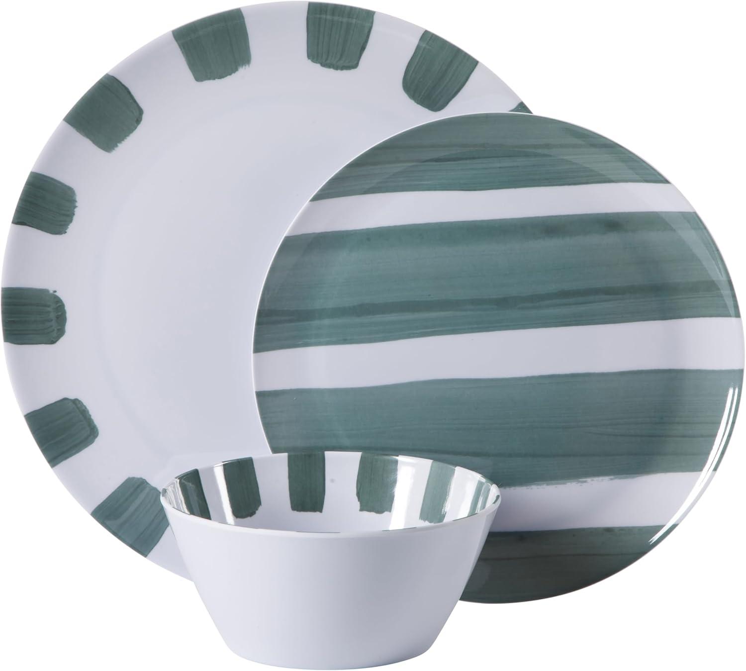 image:imageGibson Home Fairhope 12Piece Matte Black Melamine Dinnerware Set  Durable Lightweight Plates and Bowls Kitchen Dining SetAssorted Cottage Stripes