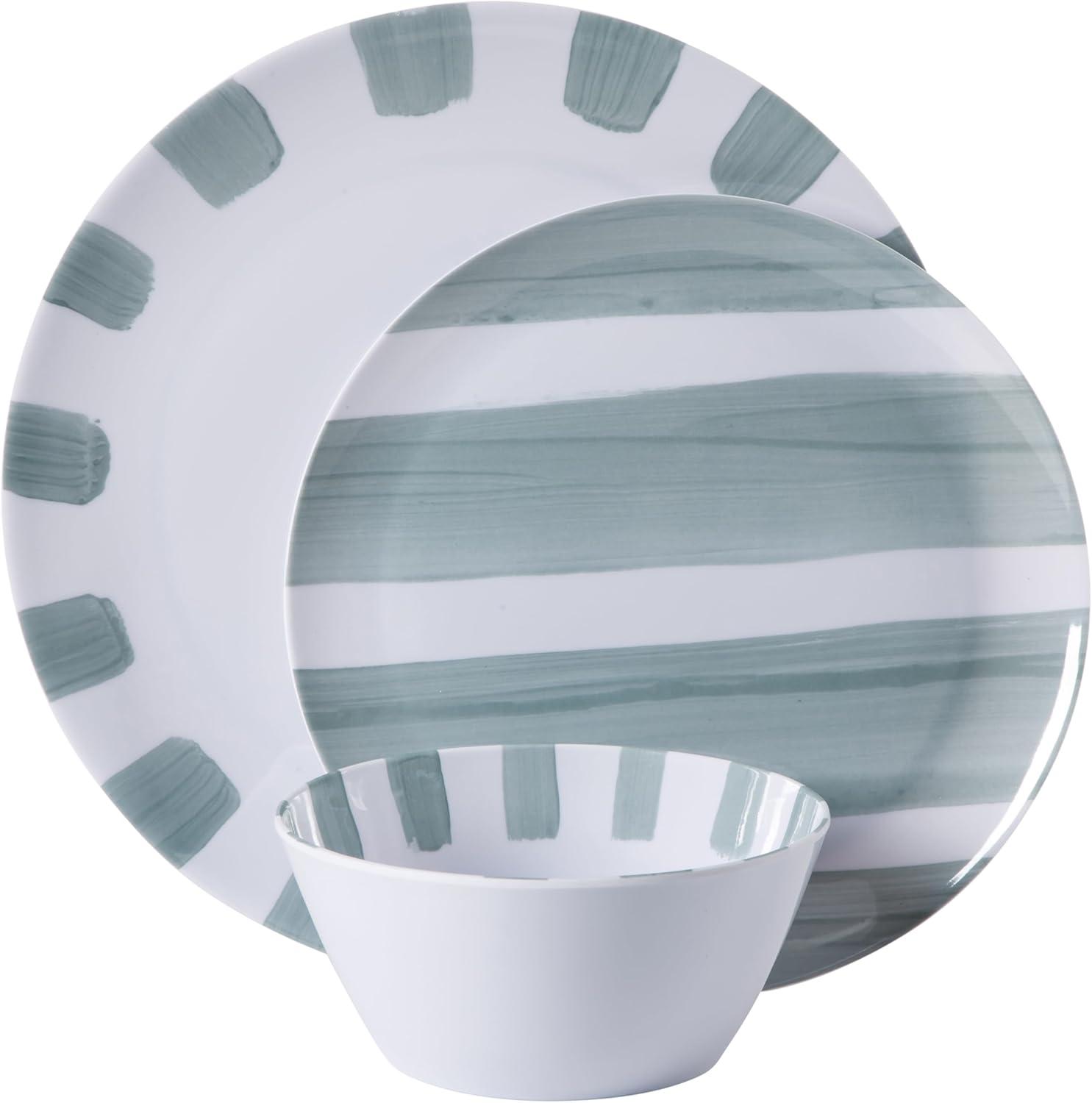 image:imageGibson Home Fairhope 12Piece Matte Black Melamine Dinnerware Set  Durable Lightweight Plates and Bowls Kitchen Dining SetAssorted Cottage Stripes