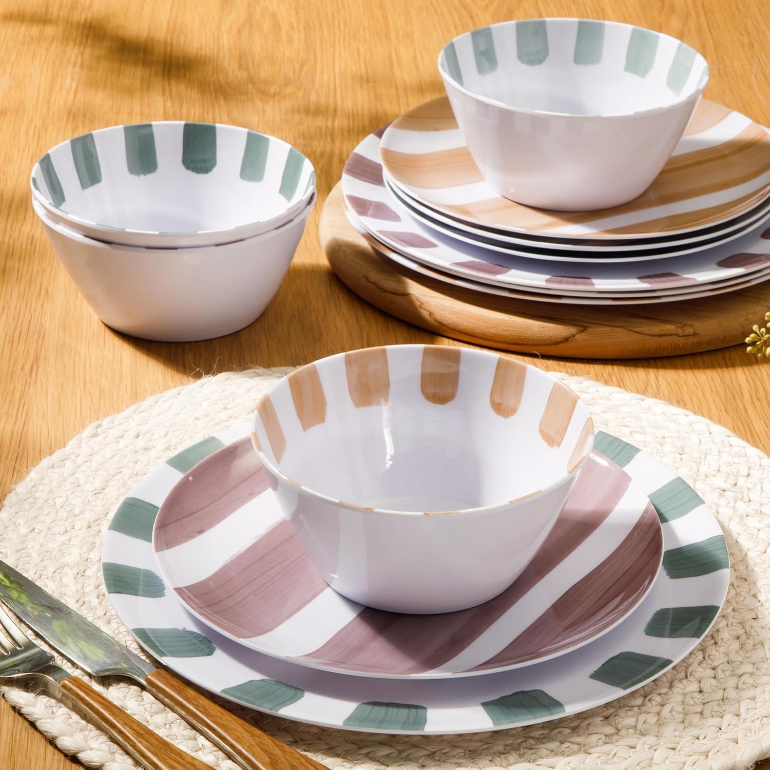 image:imageGibson Home Fairhope 12Piece Matte Black Melamine Dinnerware Set  Durable Lightweight Plates and Bowls Kitchen Dining SetAssorted Cottage Stripes
