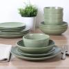 image:imageGibson Home Dempsey Road 12Piece Stoneware Dinnerware Set  Service for 4 Round Black Plates and Bowls Durable Solid Color Modern Embossed Dish Set Microwave amp Dishwasher SafeMatte Green Queenslane
