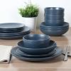 image:imageGibson Home Dempsey Road 12Piece Stoneware Dinnerware Set  Service for 4 Round Black Plates and Bowls Durable Solid Color Modern Embossed Dish Set Microwave amp Dishwasher SafeMatte Blue Queenslane