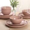 image:imageGibson Home Dempsey Road 12Piece Stoneware Dinnerware Set  Service for 4 Round Black Plates and Bowls Durable Solid Color Modern Embossed Dish Set Microwave amp Dishwasher SafePink Rockaway  MatteShiny