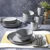 image:imageGibson Home Dempsey Road 12Piece Stoneware Dinnerware Set  Service for 4 Round Black Plates and Bowls Durable Solid Color Modern Embossed Dish Set Microwave amp Dishwasher SafeGreyGold Rim Rockaway