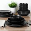 image:imageGibson Home Dempsey Road 12Piece Stoneware Dinnerware Set  Service for 4 Round Black Plates and Bowls Durable Solid Color Modern Embossed Dish Set Microwave amp Dishwasher SafeMatte Black Queenslane