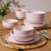 image:imageGibson Home Fairhope 12Piece Matte Black Melamine Dinnerware Set  Durable Lightweight Plates and Bowls Kitchen Dining SetPink Matte ExteriorShiny Interior