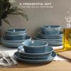 image:imageGibson Home Melbourne White Plates and Bowls Set 16 Piece Embossed Ceramic Dinnerware Set  Service for 4 Dishes  With Pasta BowlBlue Summer Shades
