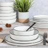 image:imageGibson Home Melbourne White Plates and Bowls Set 16 Piece Embossed Ceramic Dinnerware Set  Service for 4 Dishes  With Pasta BowlWhite w Black Rim Oslo