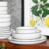 image:imageGibson Home Melbourne White Plates and Bowls Set 16 Piece Embossed Ceramic Dinnerware Set  Service for 4 Dishes  With Pasta BowlWhite w Black Rim Oslo