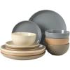 image:imageGibson Home Dempsey Road 12Piece Stoneware Dinnerware Set  Service for 4 Round Black Plates and Bowls Durable Solid Color Modern Embossed Dish Set Microwave amp Dishwasher SafeAssorted Colors Rockaway  MatteShiny