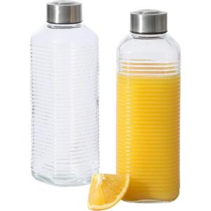image:imageGibson Home Aspen Heights 2 Pack 33 OZ 1 Liters Large Embossed Reusable Glass Bottles wAirtight Leakproof Stainless Steel Lid Pitcher for Water Milk Juice  Dishwasher SafeAspen Heights 33oz