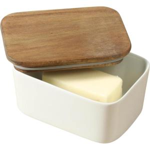 image:imageGibson Home Bristlewood Rectangular Ceramic Butter Keeper with Acacia Wood Lid Modern Farmhouse Butter Dish Glazed Stoneware Storage for Kitchen Countertop or Table