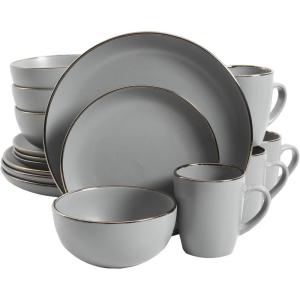 image:imageGibson Home Dempsey Road 12Piece Stoneware Dinnerware Set  Service for 4 Round Black Plates and Bowls Durable Solid Color Modern Embossed Dish Set Microwave amp Dishwasher SafeGreyGold Rim Rockaway