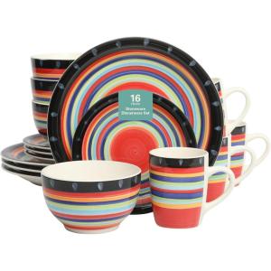 image:imageGibson Home Dempsey Road 12Piece Stoneware Dinnerware Set  Service for 4 Round Black Plates and Bowls Durable Solid Color Modern Embossed Dish Set Microwave amp Dishwasher SafeAssorted Colors Festival Rings