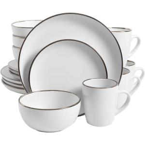 image:imageGibson Home Dempsey Road 12Piece Stoneware Dinnerware Set  Service for 4 Round Black Plates and Bowls Durable Solid Color Modern Embossed Dish Set Microwave amp Dishwasher SafeMatte WhiteMetallic Rim Rockaway